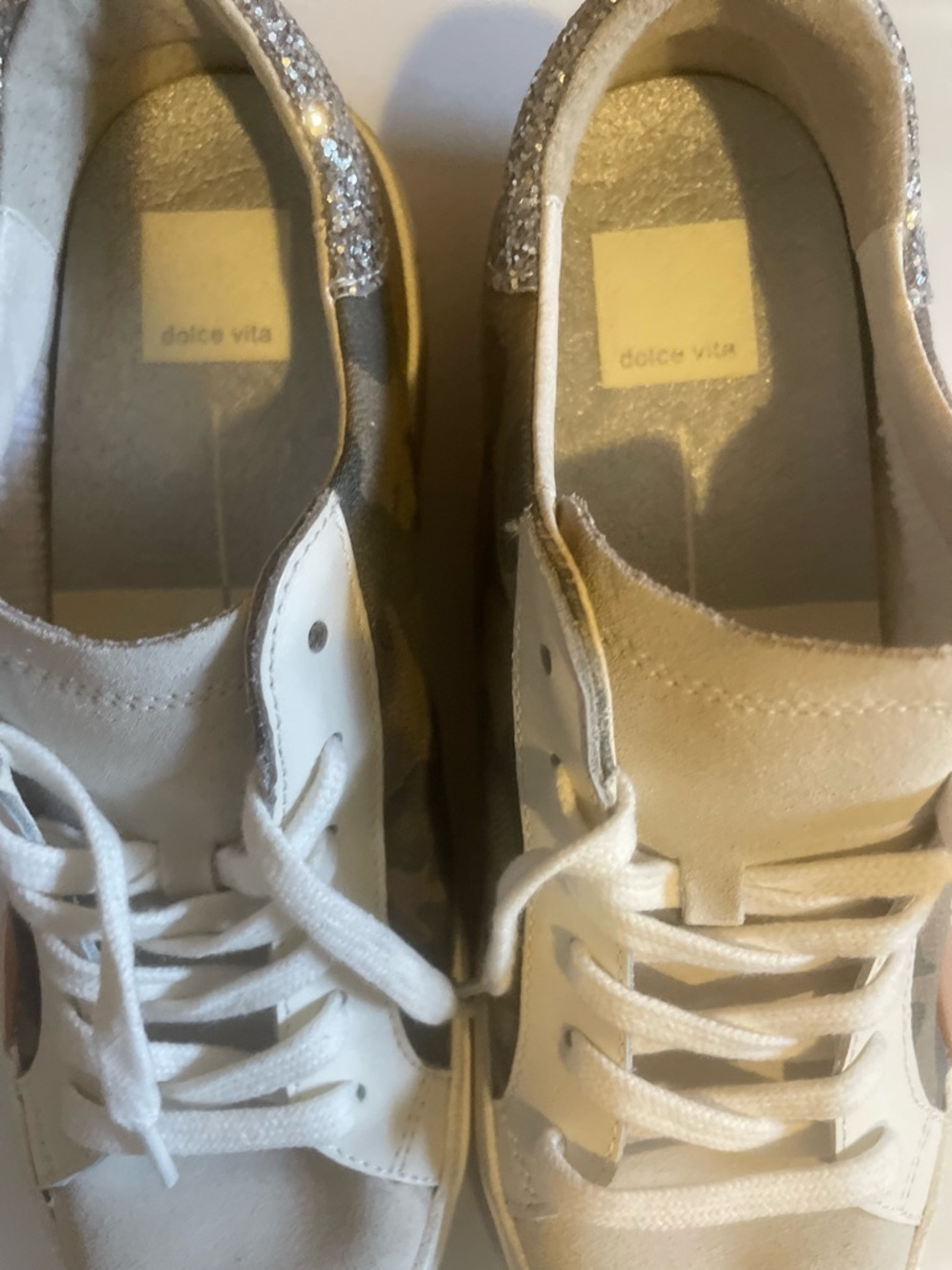 Dolce Vita White Sneakers with Silver Glitter Heel Accent